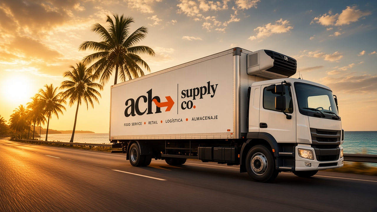 ACH refrigerated truck on a Caribbean coastal road at sunset
